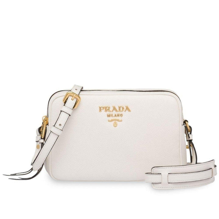 Prada Vitello Phenix White Leather Double Zip Camera Crossbody