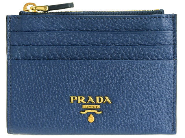 Prada Bluette Saffiano Leather Credit Card Holder with Zipper Gold Prada Logo