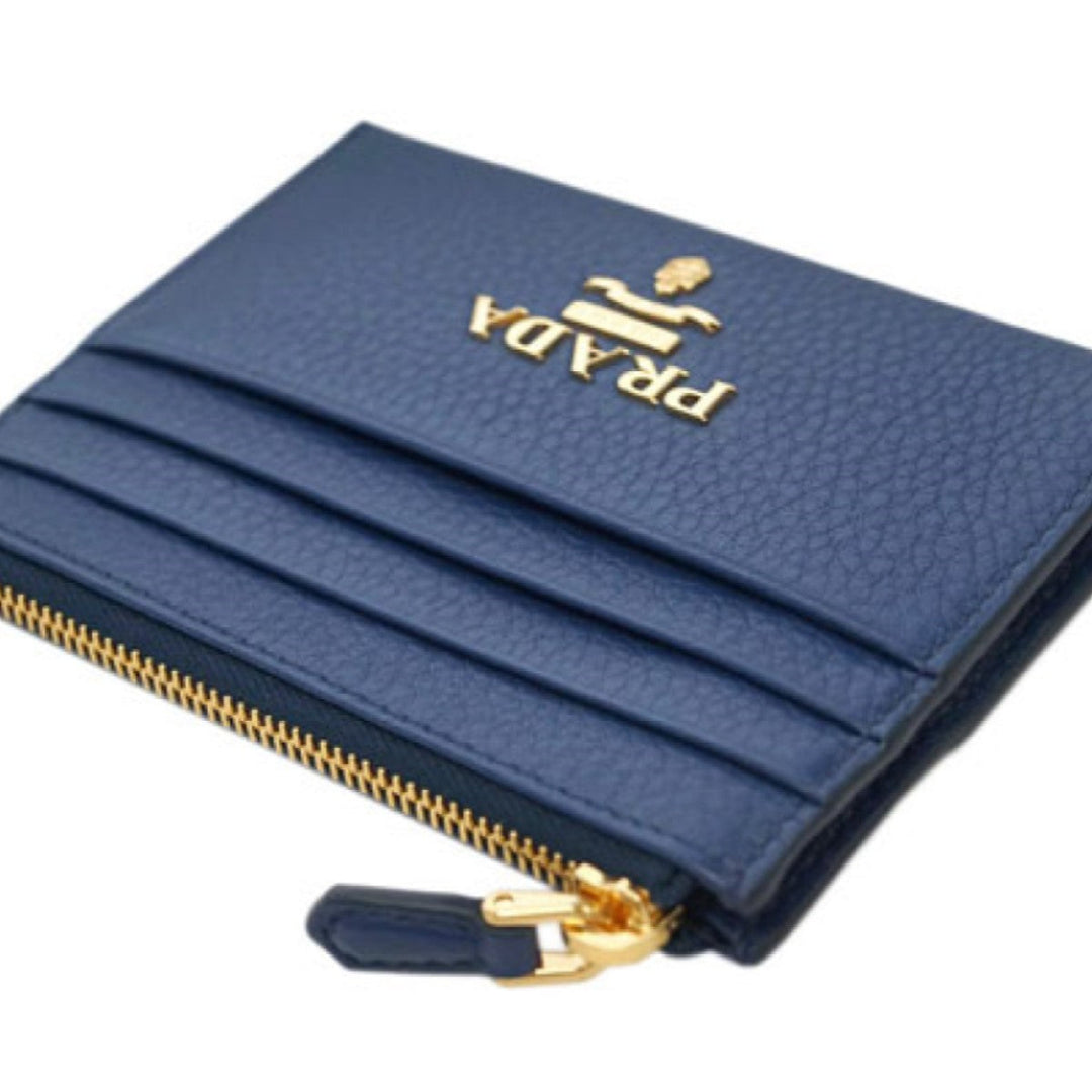 Prada Bluette Saffiano Leather Credit Card Holder with Zipper Gold Prada Logo
