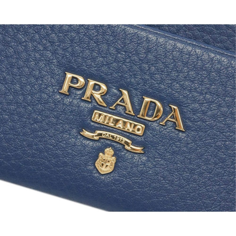 Prada Bluette Saffiano Leather Credit Card Holder with Zipper Gold Prada Logo