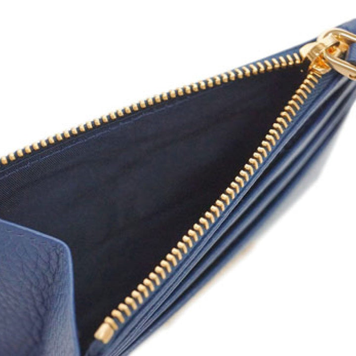 Prada Bluette Saffiano Leather Credit Card Holder with Zipper Gold Prada Logo
