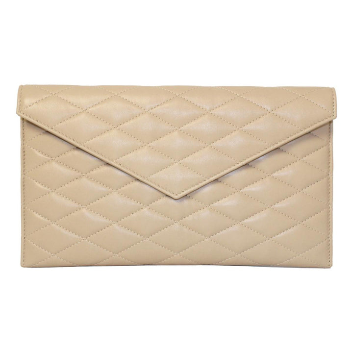Saint Laurent Sade Logo Beige Leather Quilted Pouch Clutch Bag