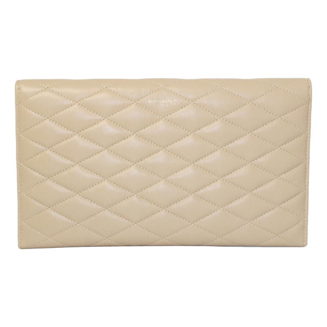 Saint Laurent Sade Logo Beige Leather Quilted Pouch Clutch Bag