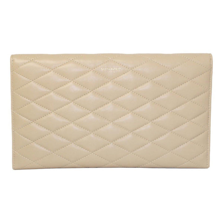 Saint Laurent Sade Logo Beige Leather Quilted Pouch Clutch Bag