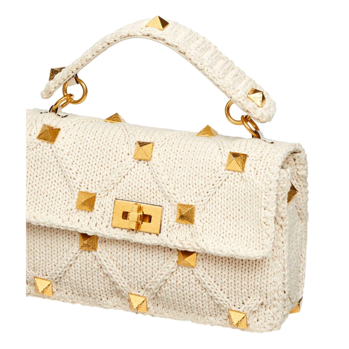 Valentino Garavani Roman Stud Large Shoulder Bag Ivory Knit Cashmere