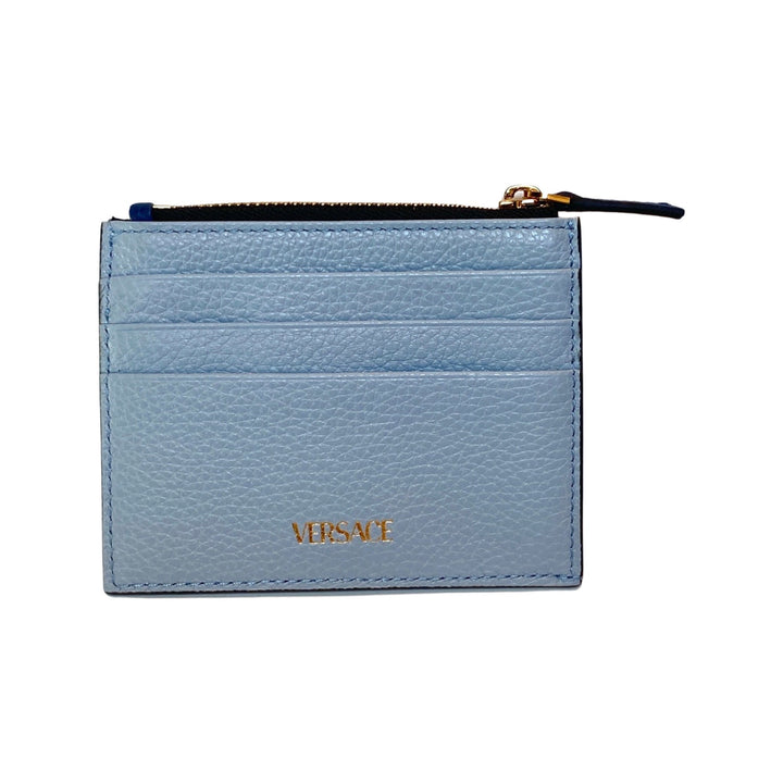 Versace Virtus Cardholder Case Wallet V Logo Light Blue Navy Leather