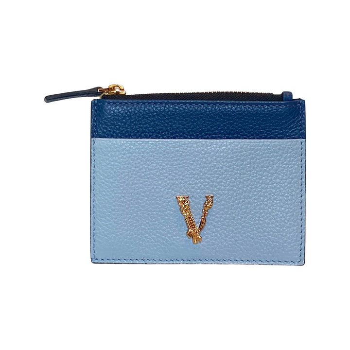 Versace Virtus Cardholder Case Wallet V Logo Light Blue Navy Leather