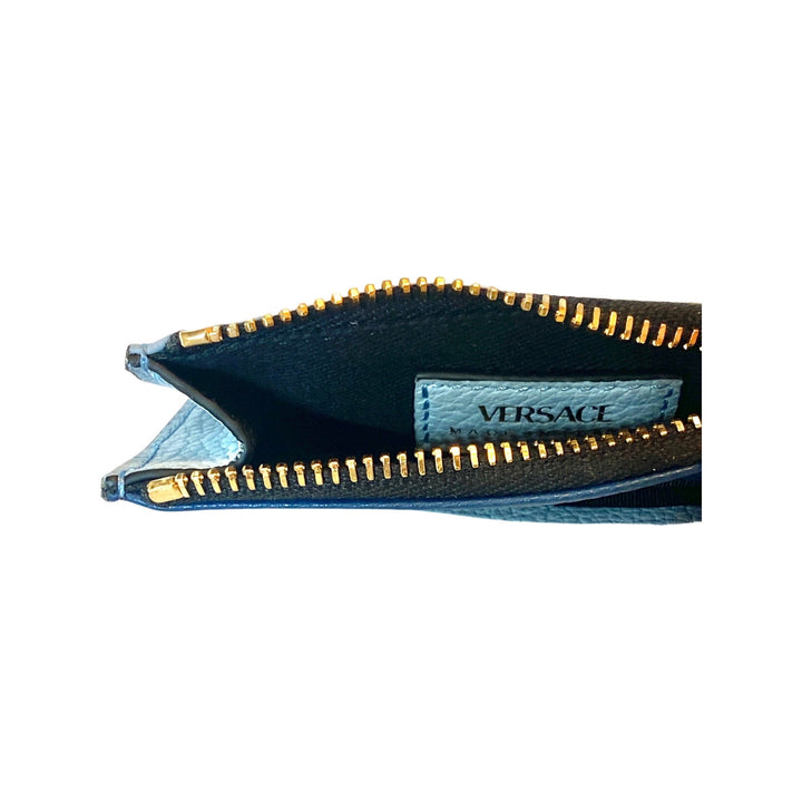 Versace Virtus Cardholder Case Wallet V Logo Light Blue Navy Leather