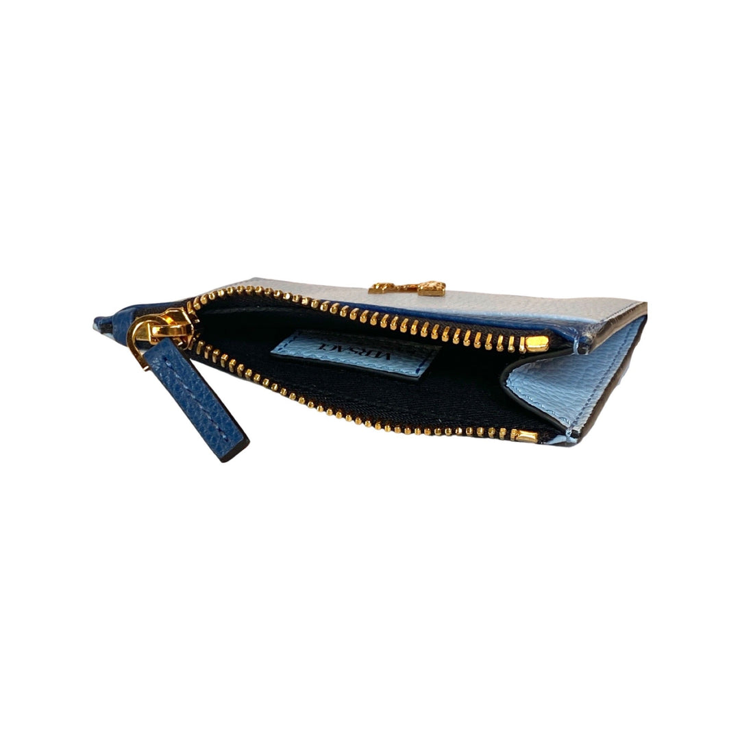 Versace Virtus Cardholder Case Wallet V Logo Light Blue Navy Leather